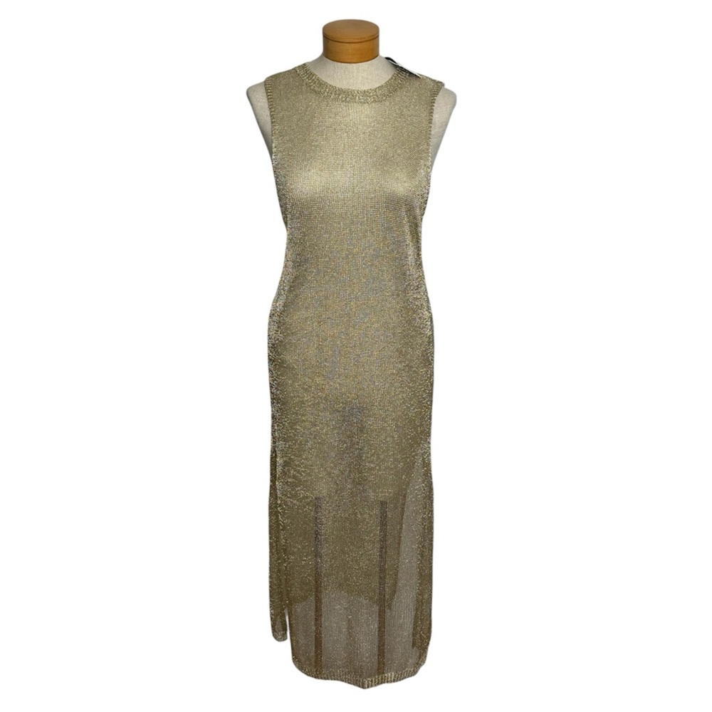 NWT Forever 21 Gold Metallic See Thru Dress Beach Cover Up Medium SEE NOTES